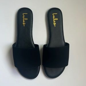 Lulus Addison Black Nubuck Slide Sandals